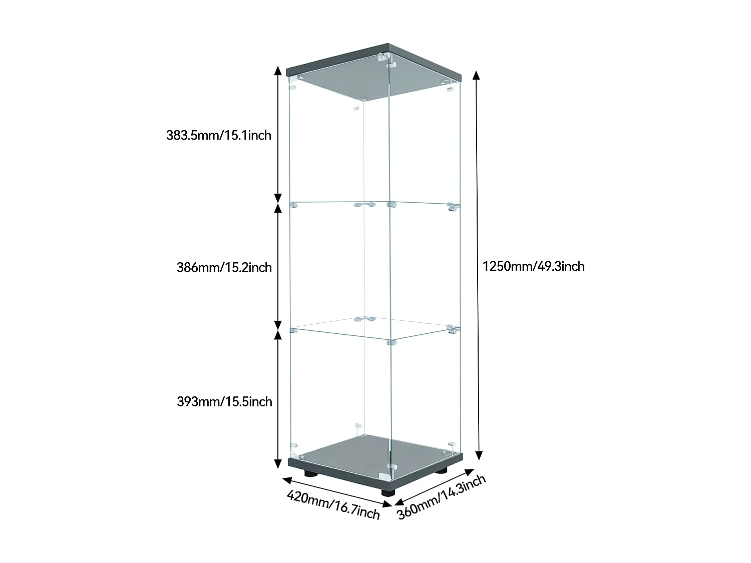 Vitrine en verre avec LED, Armoire pour collection serrure, Dispositif anti-basculement, verre trempé, 1 portes, 3 étages, 42x36x125, Noir
