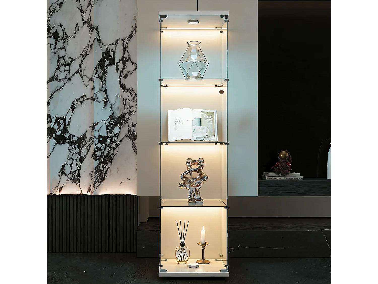 Vitrine en verre avec LED et serrure - Armoire pour collection avec 4 étages -  pour magasin et bureau or Chambre et Salon - 44 x 14 x 165 cm - blanc