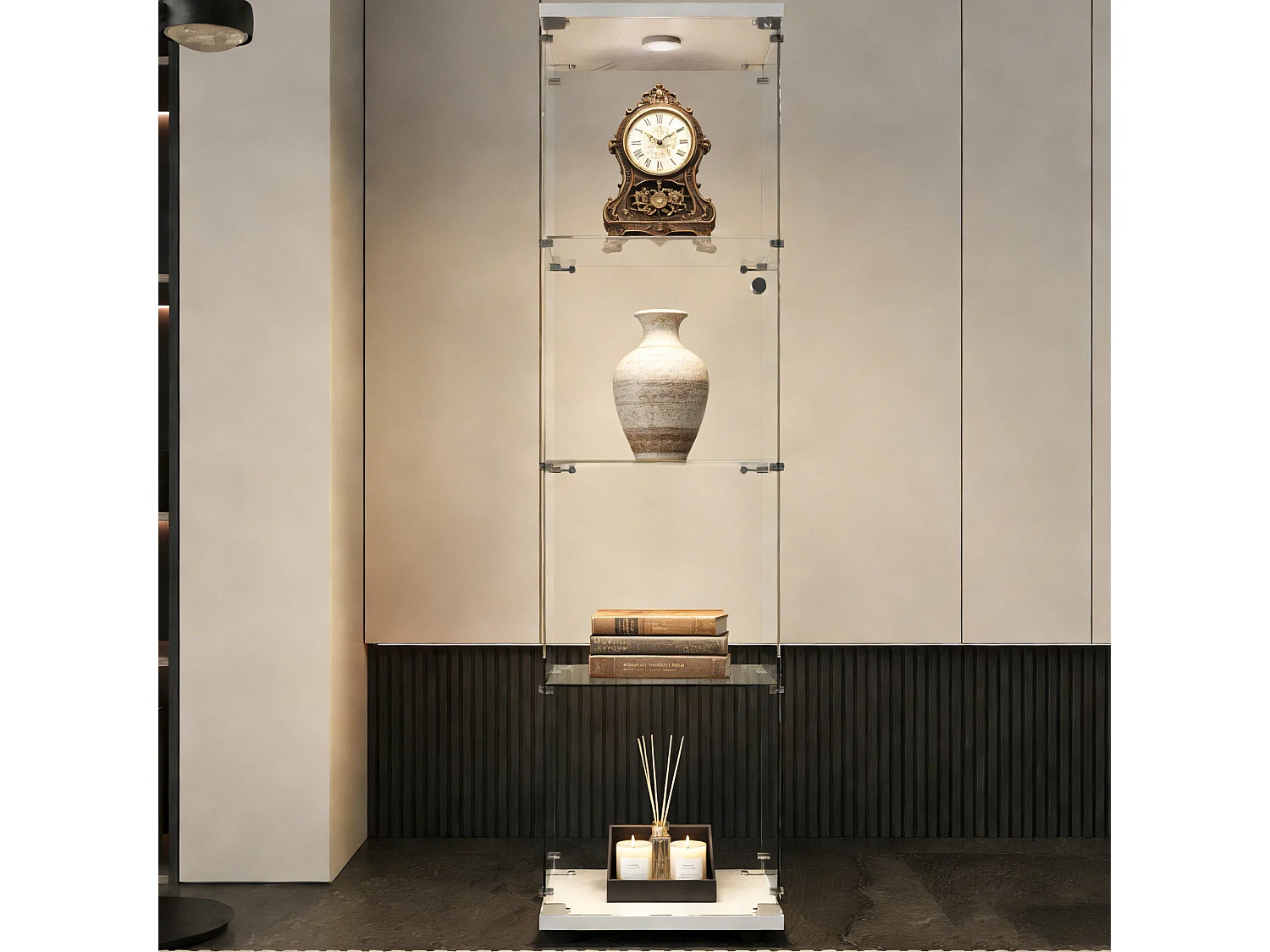 Vitrine en verre avec LED et serrure - Armoire pour collection avec 4 étages -  pour magasin et bureau or Chambre et Salon - 44 x 14 x 165 cm - blanc