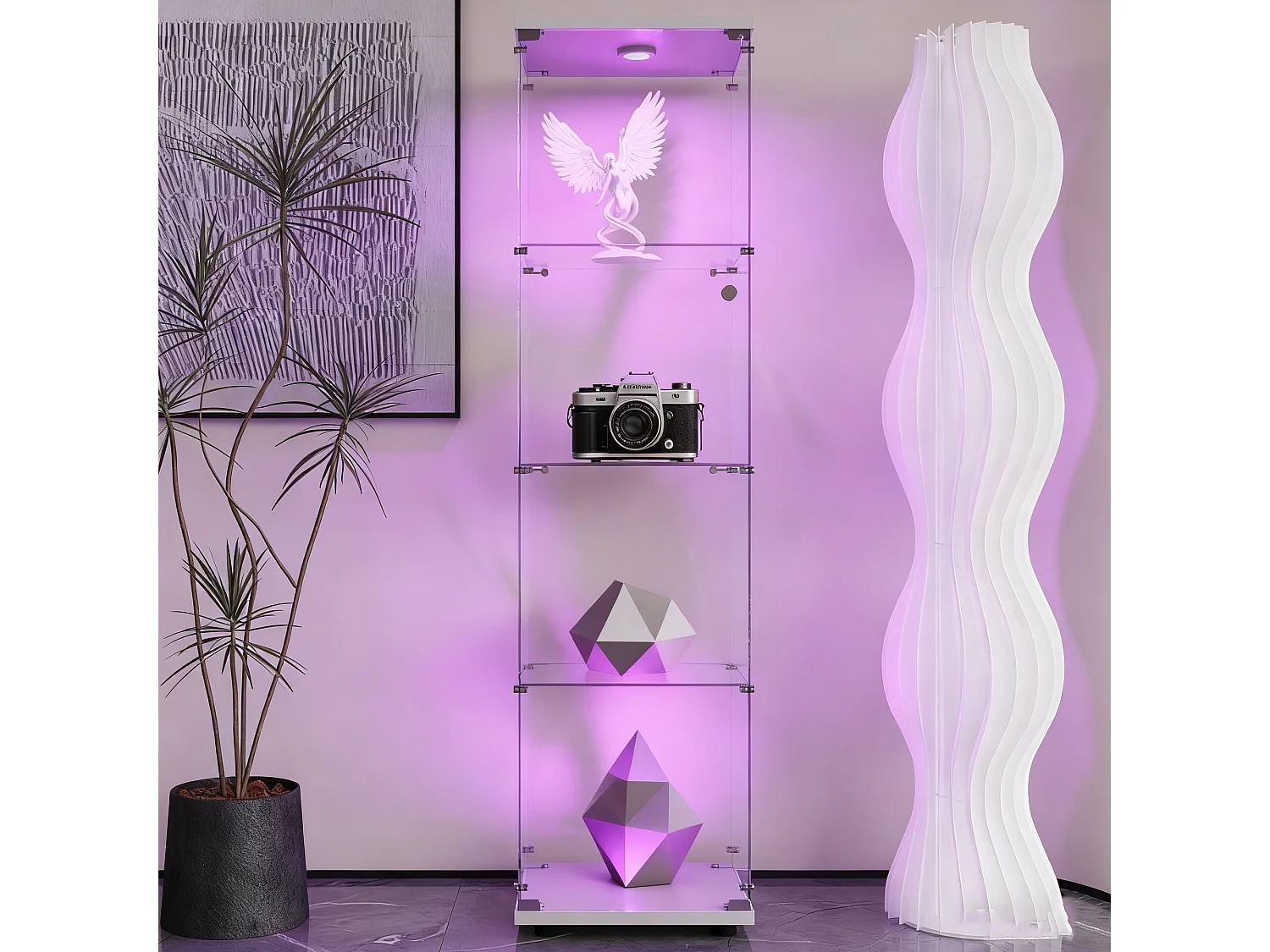 Vitrine en verre avec LED et serrure - Armoire pour collection avec 4 étages -  pour magasin et bureau or Chambre et Salon - 44 x 14 x 165 cm - blanc