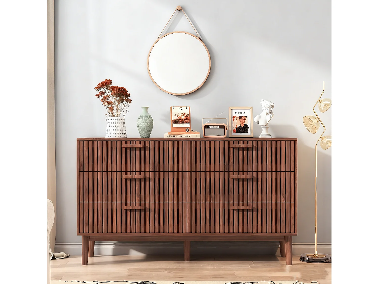 Commode 6 tiroirs - poignées en bois - Scandinave - 60x34x91cm - noyer