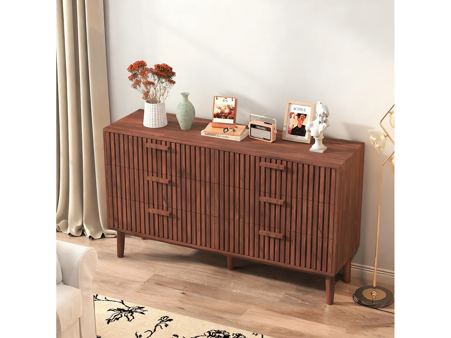 Commode 6 tiroirs - poignées en bois - Scandinave - 60x34x91cm - noyer