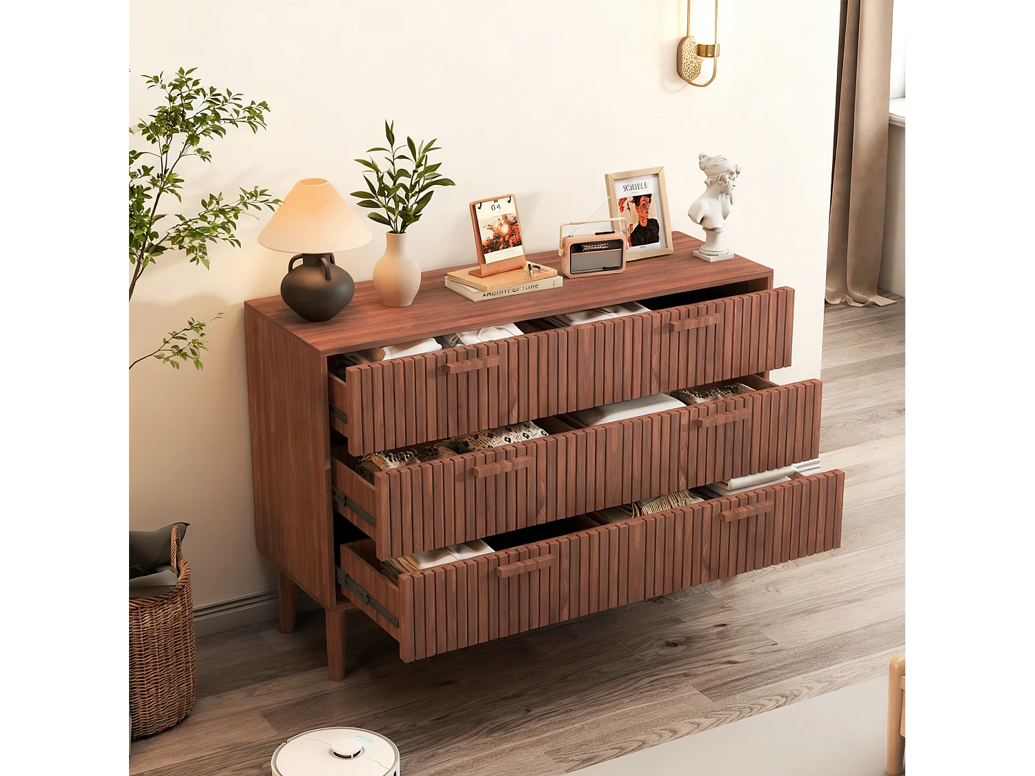 Commode 6 tiroirs - poignées en bois - Scandinave - 60x34x91cm - noyer