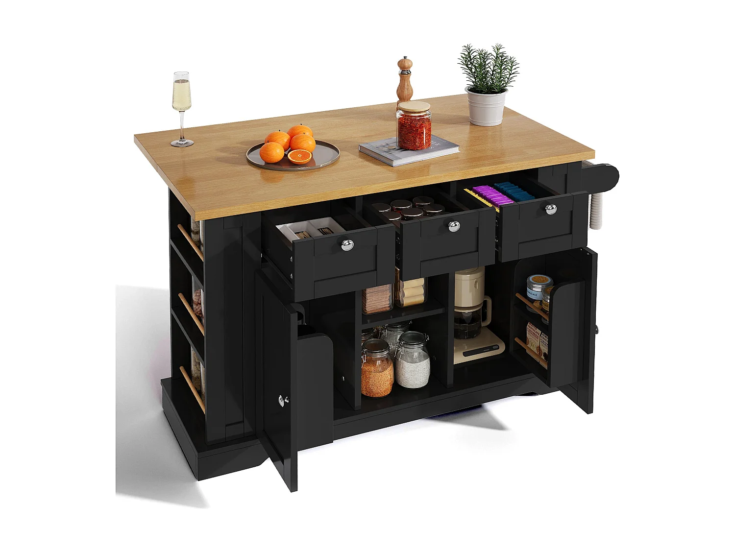 Table de cuisine mobile 132 cm, plan de travail rabattable, prise intégrée, cuisine salle à manger