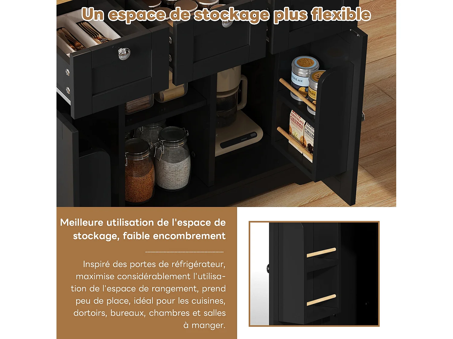 Table de cuisine mobile 132 cm, plan de travail rabattable, prise intégrée, cuisine salle à manger