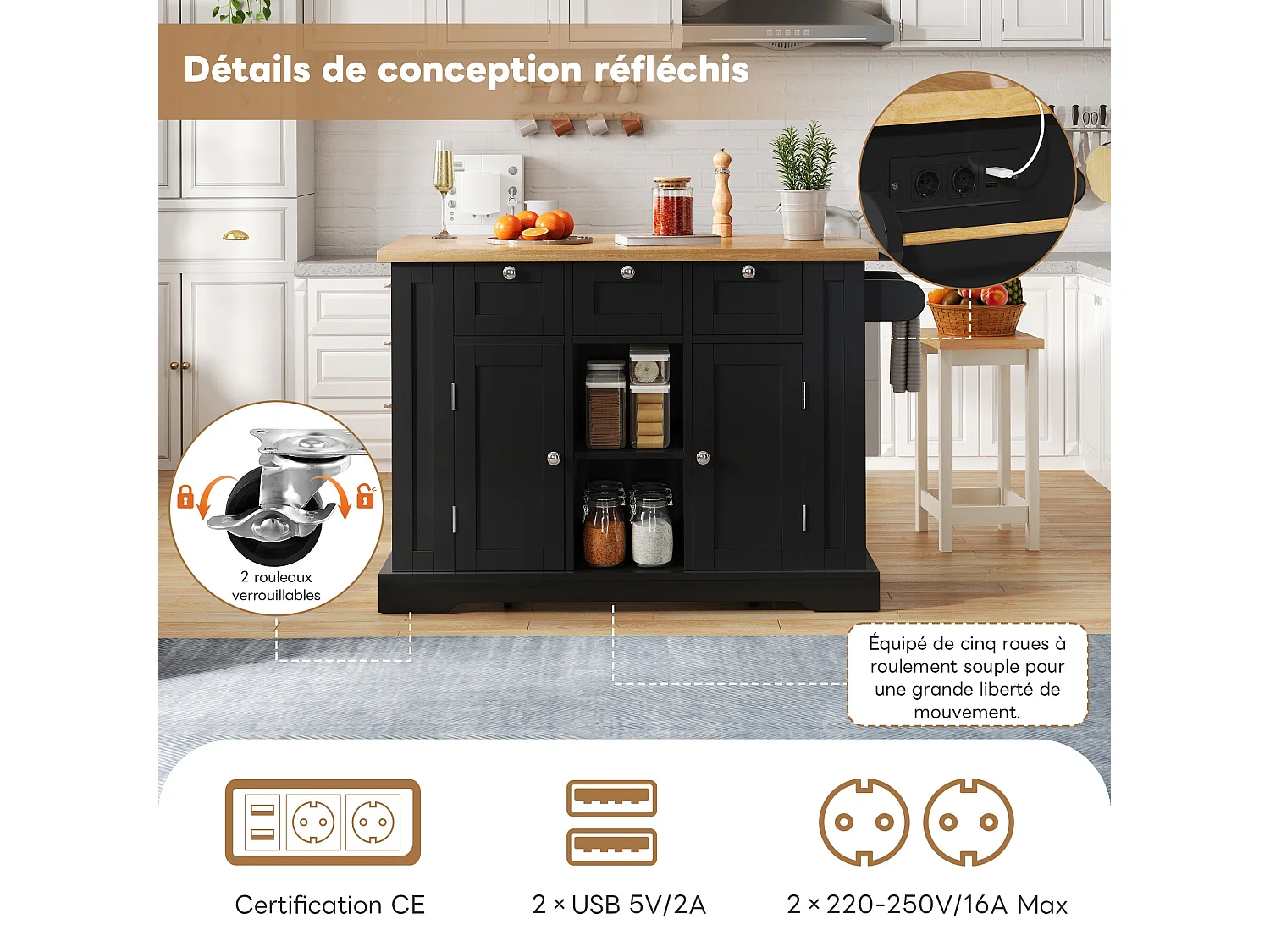 Table de cuisine mobile 132 cm, plan de travail rabattable, prise intégrée, cuisine salle à manger