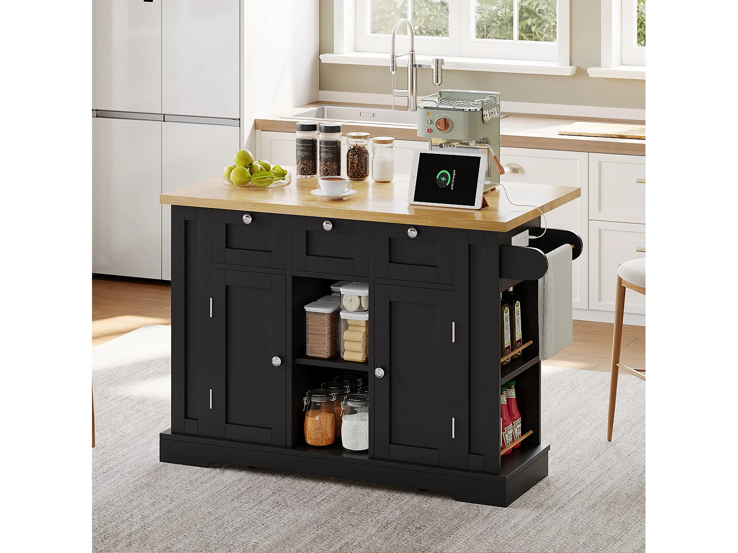 Table de cuisine mobile 132 cm, plan de travail rabattable, prise intégrée, cuisine salle à manger