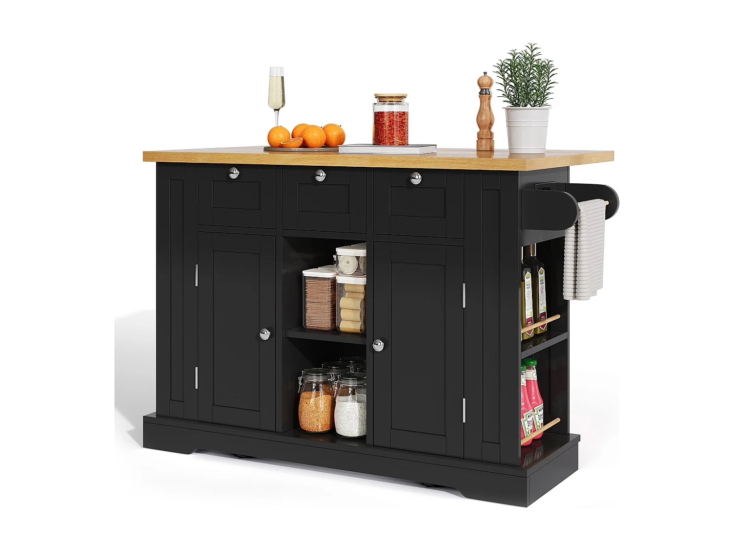 Table de cuisine mobile 132 cm, plan de travail rabattable, prise intégrée, cuisine salle à manger