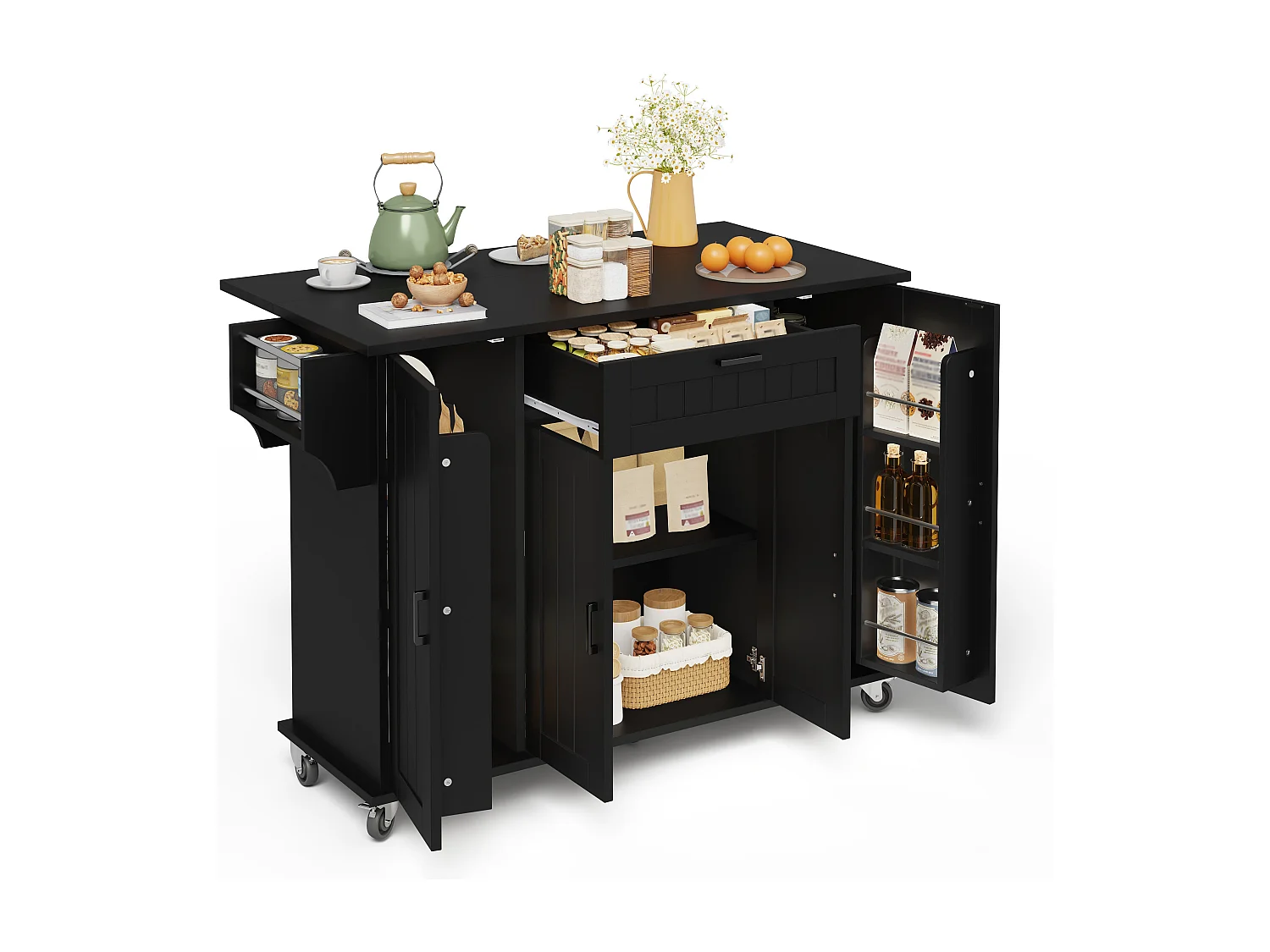 Îlot de cuisine avec plan de travail rabattable, table roulante de cuisine sur roulettes, noir
