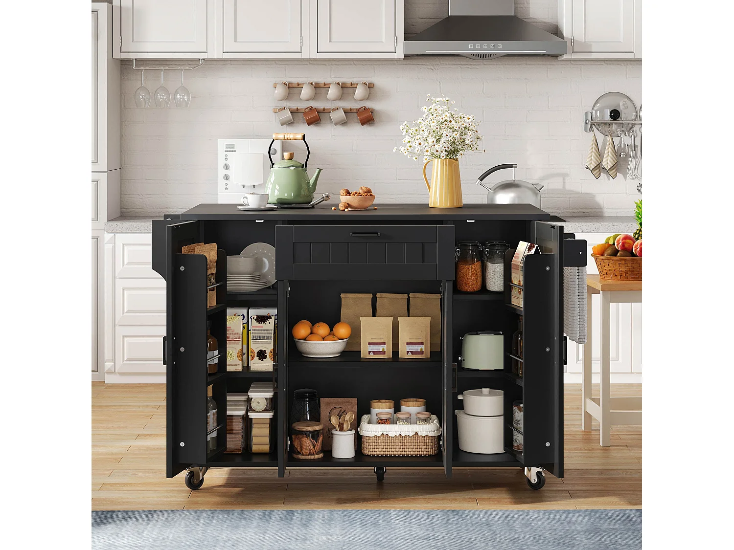 Îlot de cuisine avec plan de travail rabattable, table roulante de cuisine sur roulettes, noir