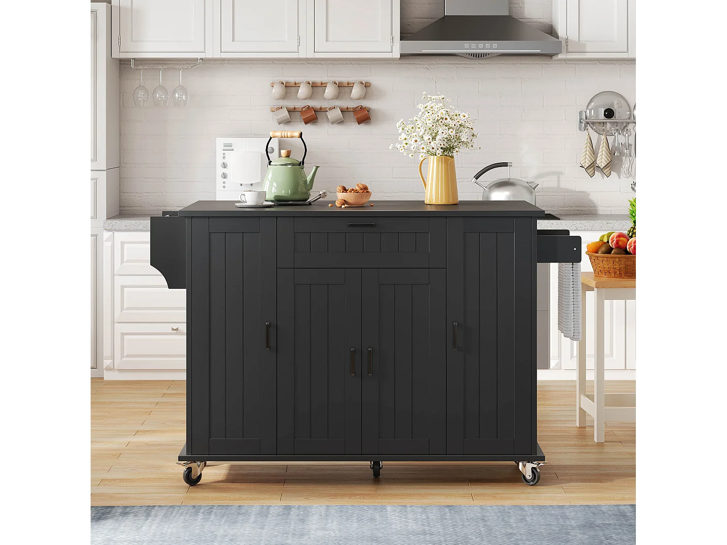 Îlot de cuisine avec plan de travail rabattable, table roulante de cuisine sur roulettes, noir
