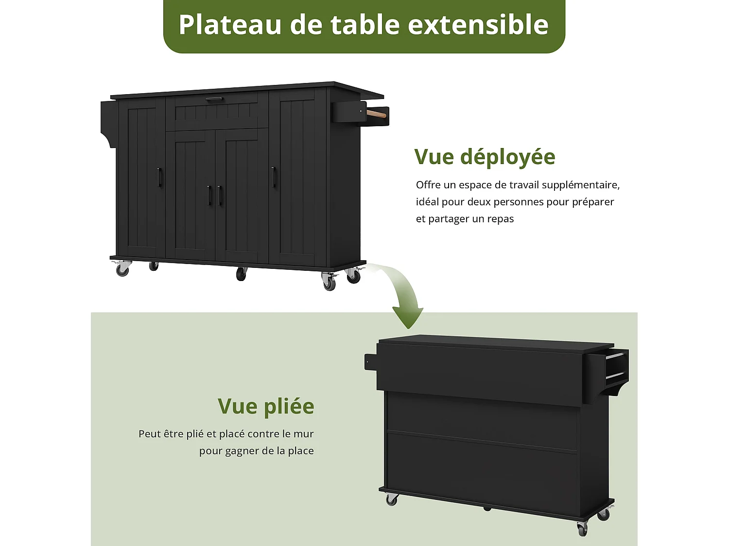 Îlot de cuisine avec plan de travail rabattable, table roulante de cuisine sur roulettes, noir