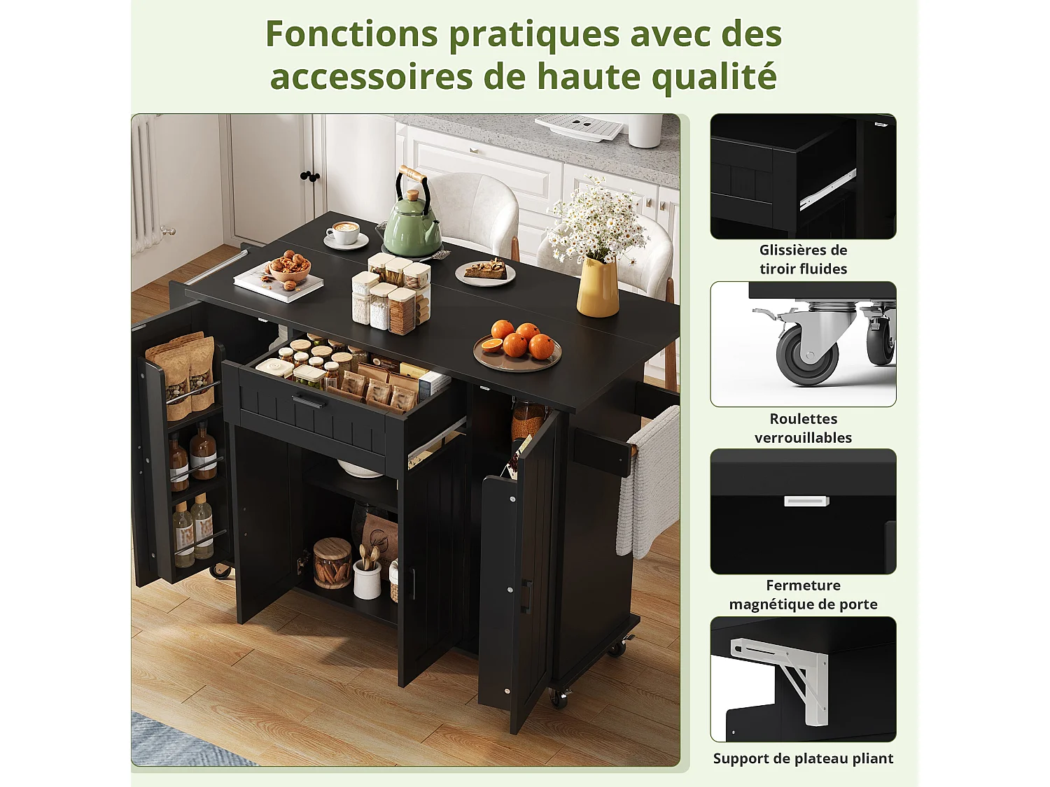 Îlot de cuisine avec plan de travail rabattable, table roulante de cuisine sur roulettes, noir