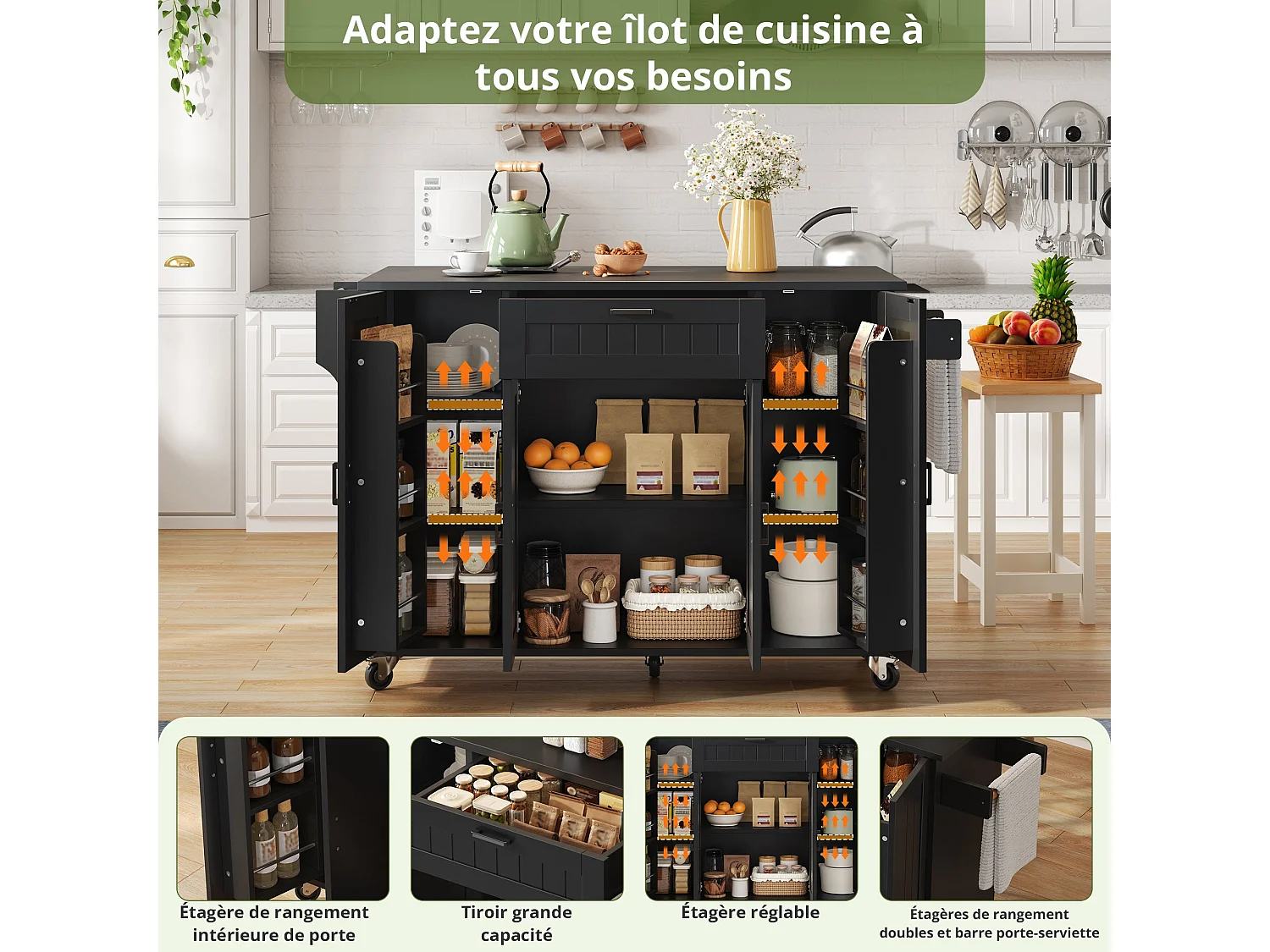 Îlot de cuisine avec plan de travail rabattable, table roulante de cuisine sur roulettes, noir
