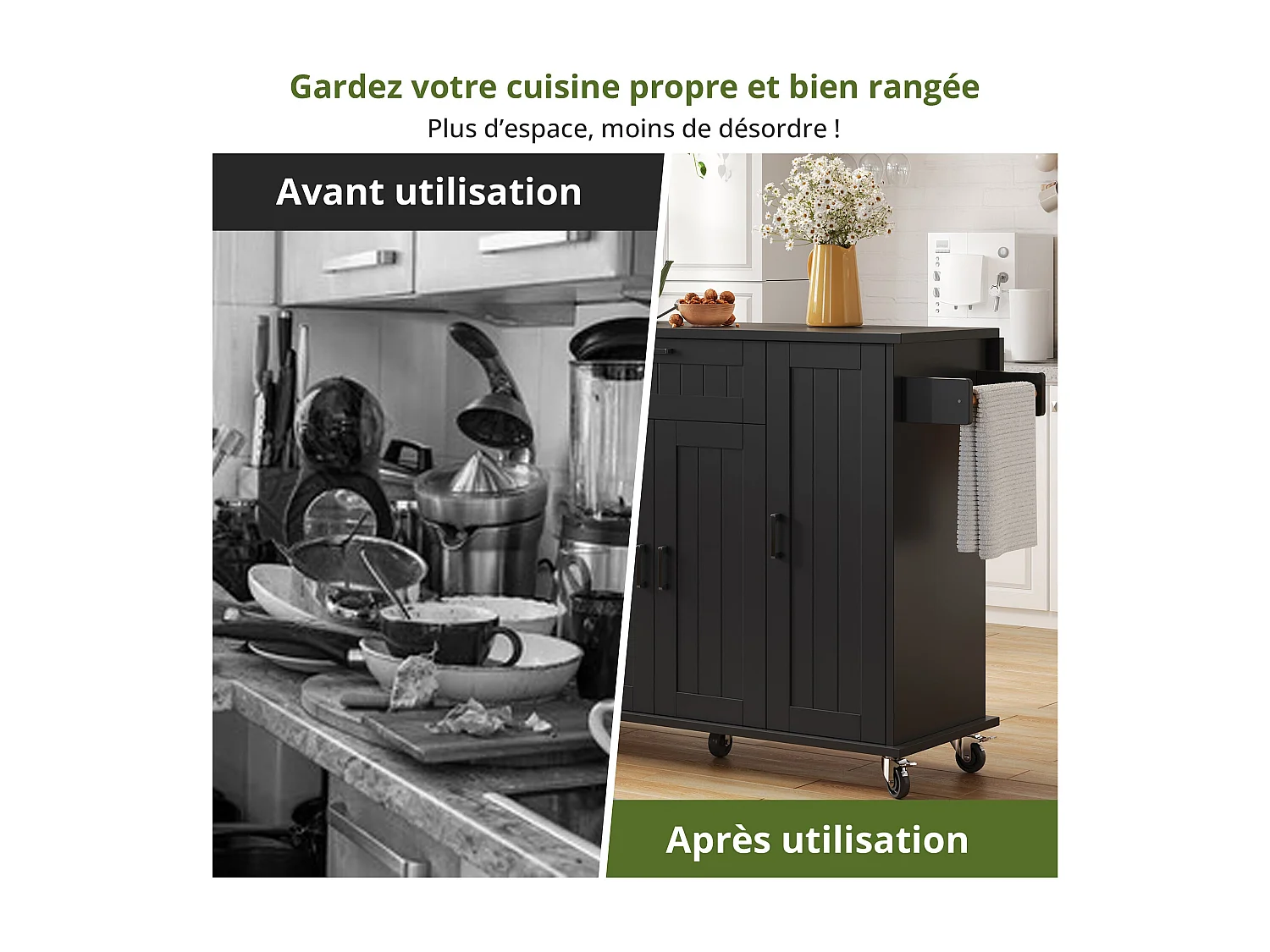 Îlot de cuisine avec plan de travail rabattable, table roulante de cuisine sur roulettes, noir