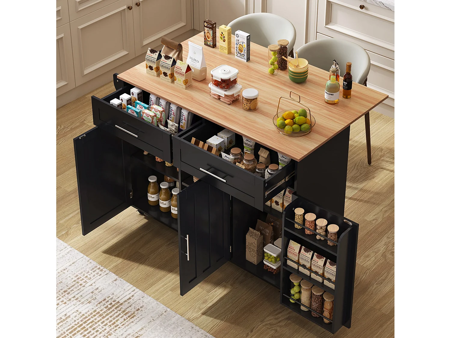 Grand chariot de salle à manger noir 129 x 46(71) x 91,5 cm, buffet, plan de travail en bois massif, plateau rabattable, roulettes / pieds en bois massif