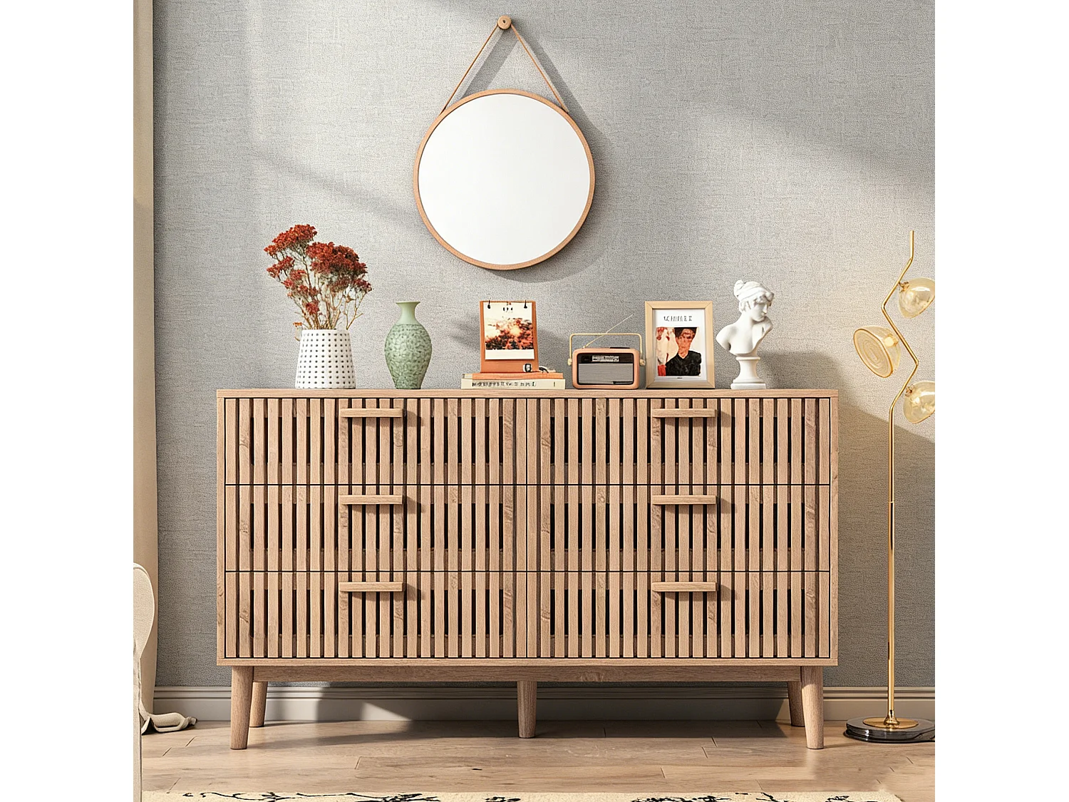Commode 6 tiroirs - poignées en bois - Scandinave - 60x34x91cm - naturelle