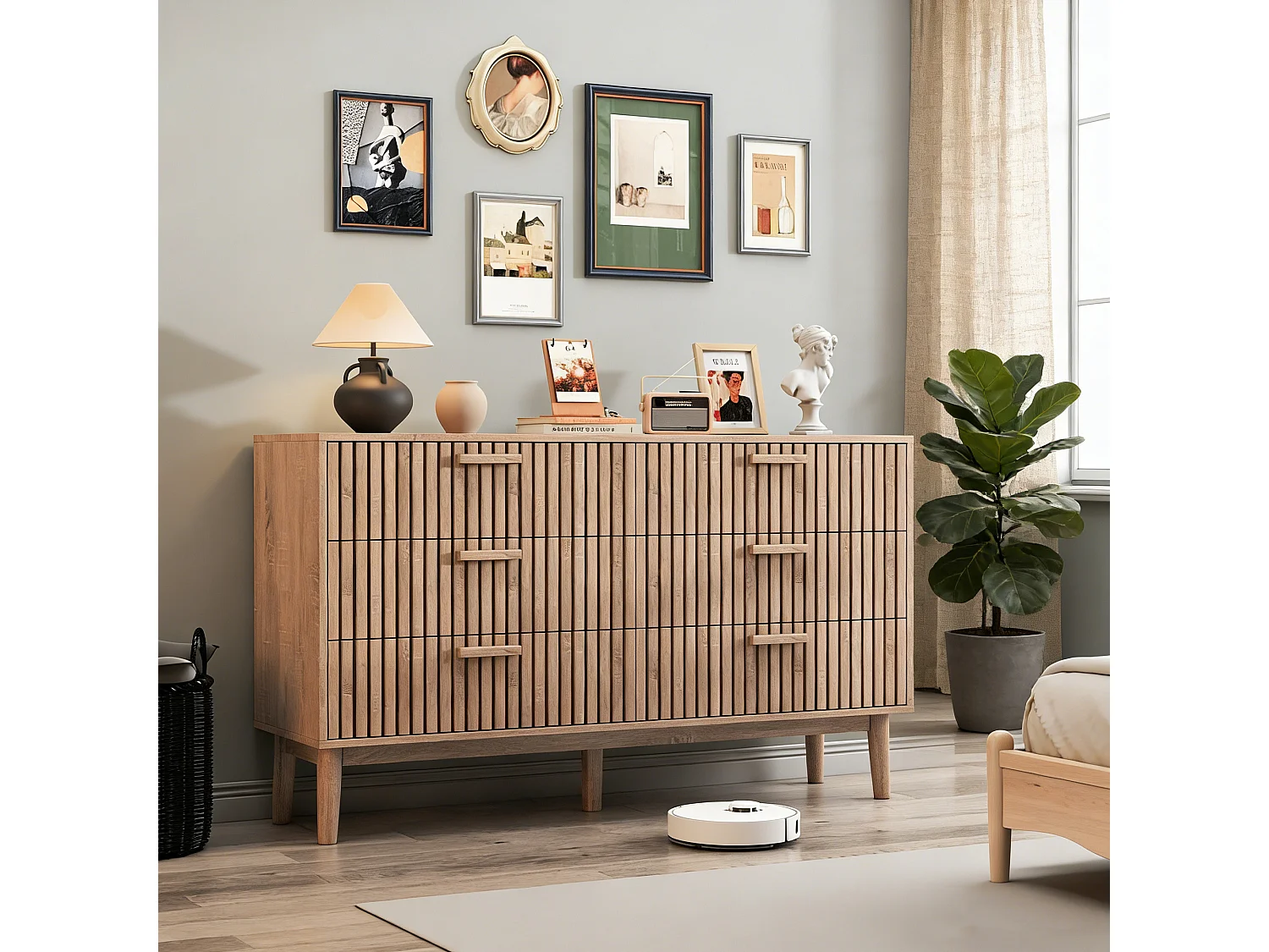 Commode 6 tiroirs - poignées en bois - Scandinave - 60x34x91cm - naturelle