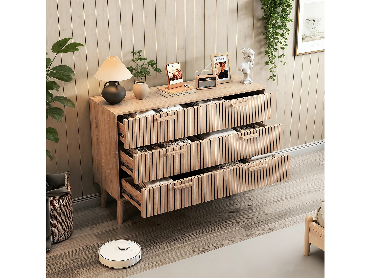 Commode 6 tiroirs - poignées en bois - Scandinave - 60x34x91cm - naturelle