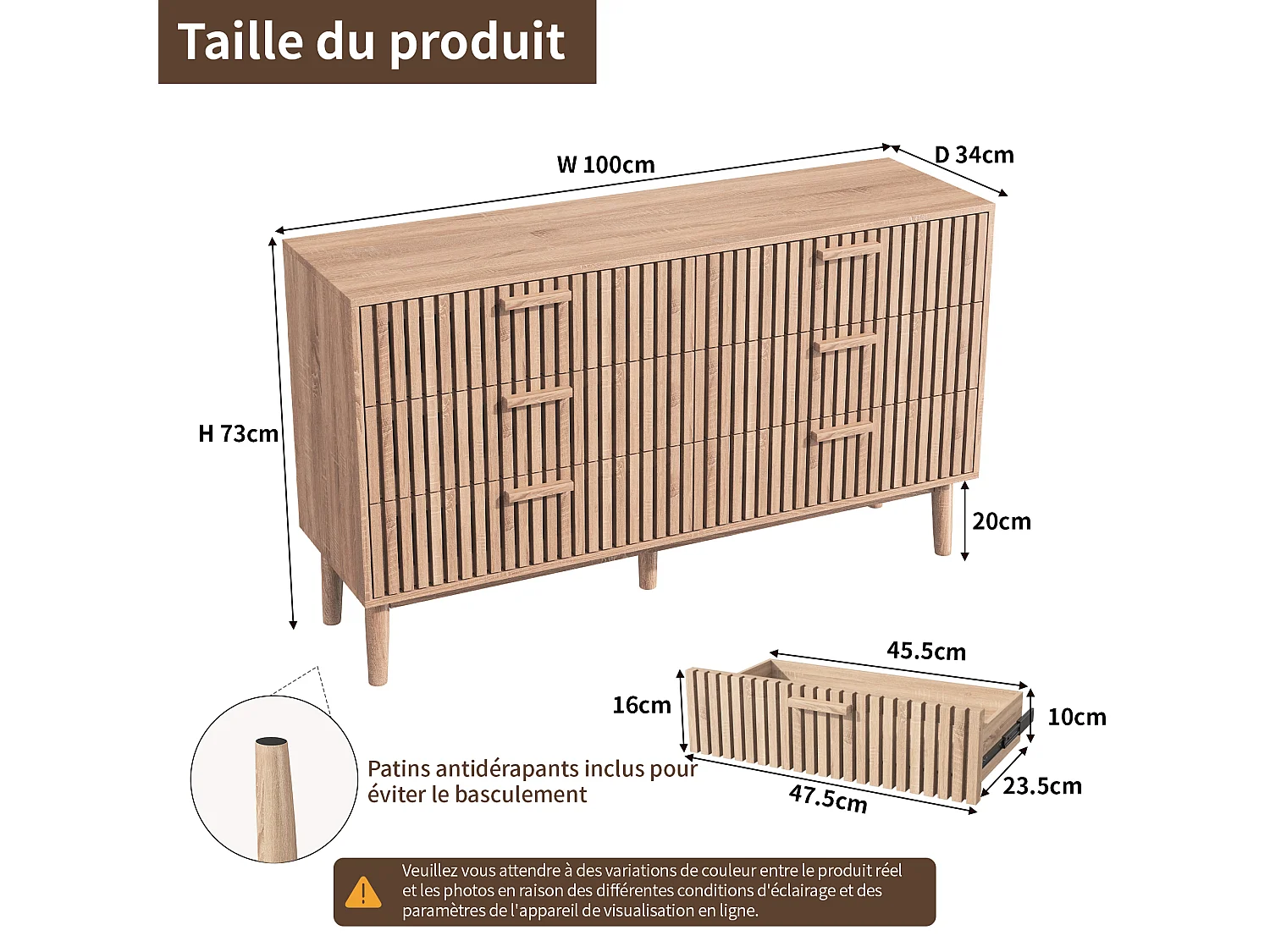 Commode 6 tiroirs - poignées en bois - Scandinave - 60x34x91cm - naturelle