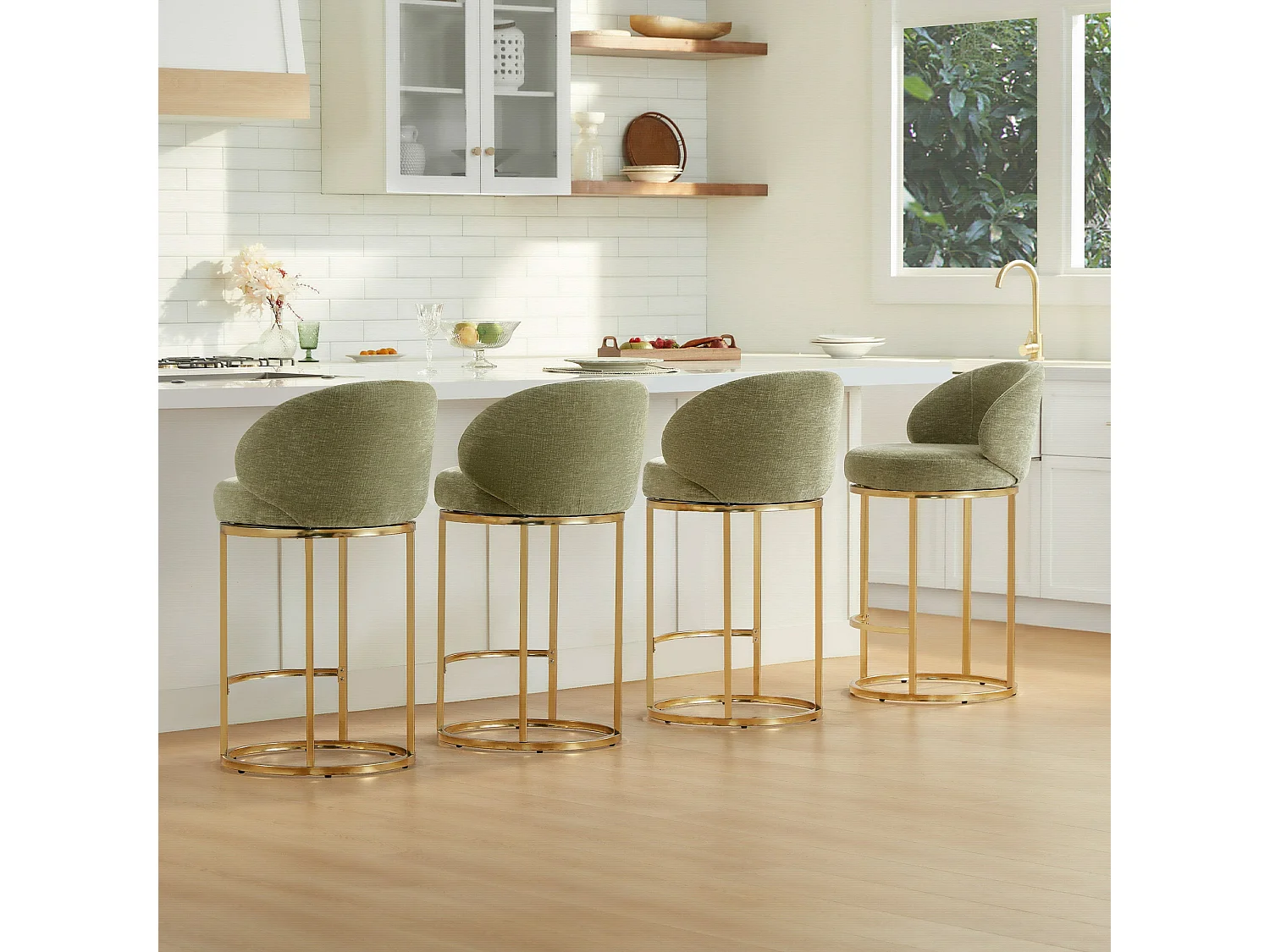 Lot de 2 chaises de bar pivotantes 360°, assise 90,5 cm, chenille, dossier rembourré, idéal pour bar