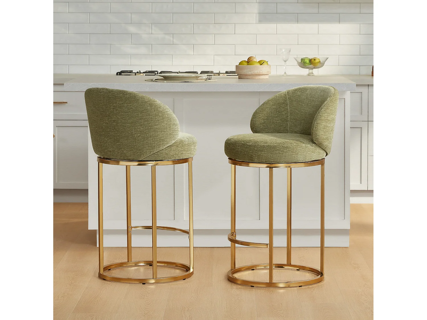 Lot de 2 chaises de bar pivotantes 360°, assise 90,5 cm, chenille, dossier rembourré, idéal pour bar