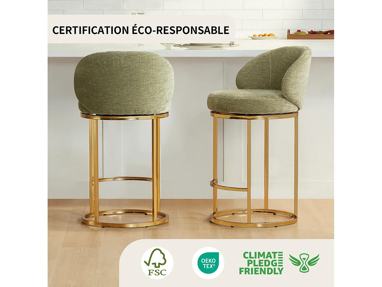 Lot de 2 chaises de bar pivotantes 360°, assise 90,5 cm, chenille, dossier rembourré, idéal pour bar