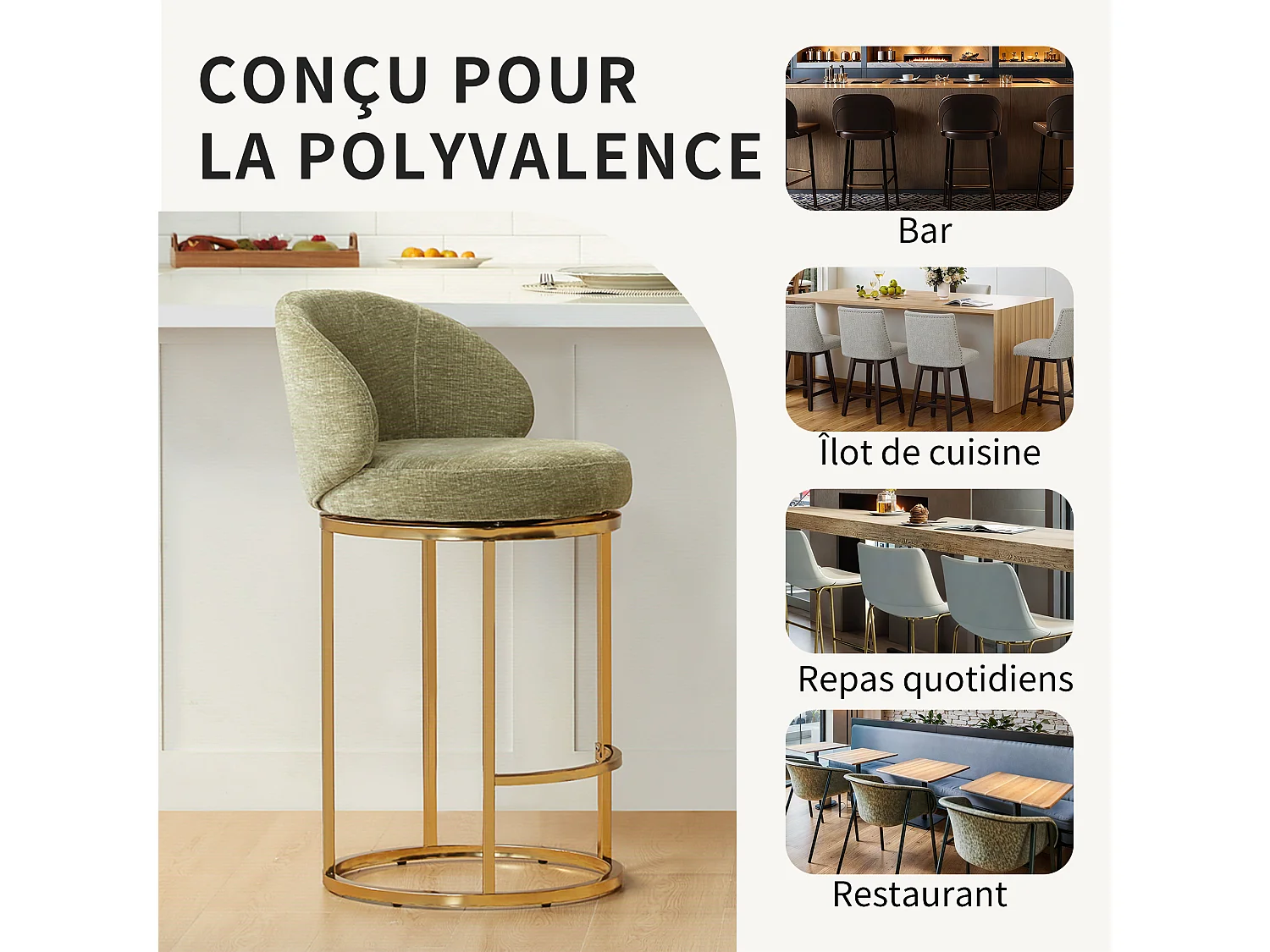 Lot de 2 chaises de bar pivotantes 360°, assise 90,5 cm, chenille, dossier rembourré, idéal pour bar