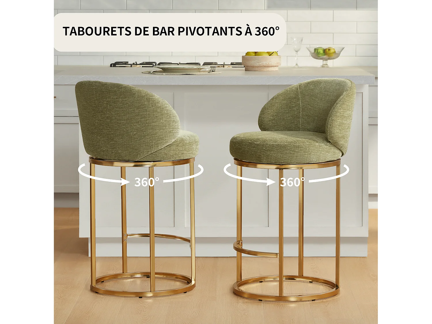 Lot de 2 chaises de bar pivotantes 360°, assise 90,5 cm, chenille, dossier rembourré, idéal pour bar