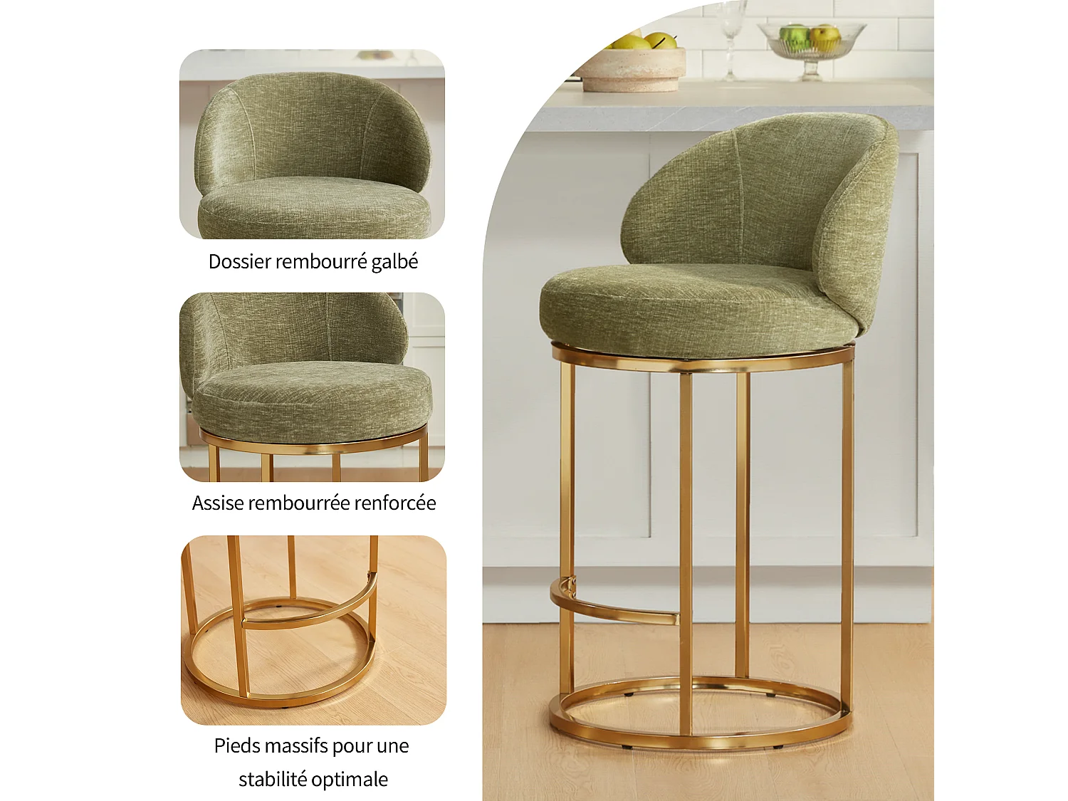 Lot de 2 chaises de bar pivotantes 360°, assise 90,5 cm, chenille, dossier rembourré, idéal pour bar