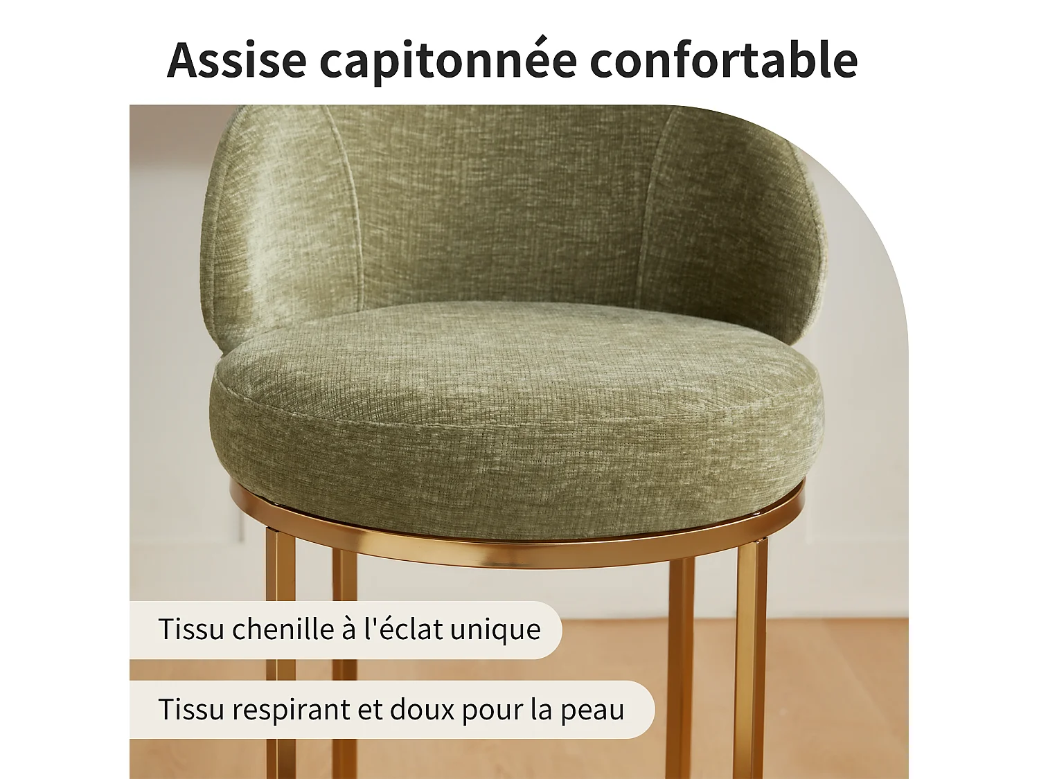 Lot de 2 chaises de bar pivotantes 360°, assise 90,5 cm, chenille, dossier rembourré, idéal pour bar