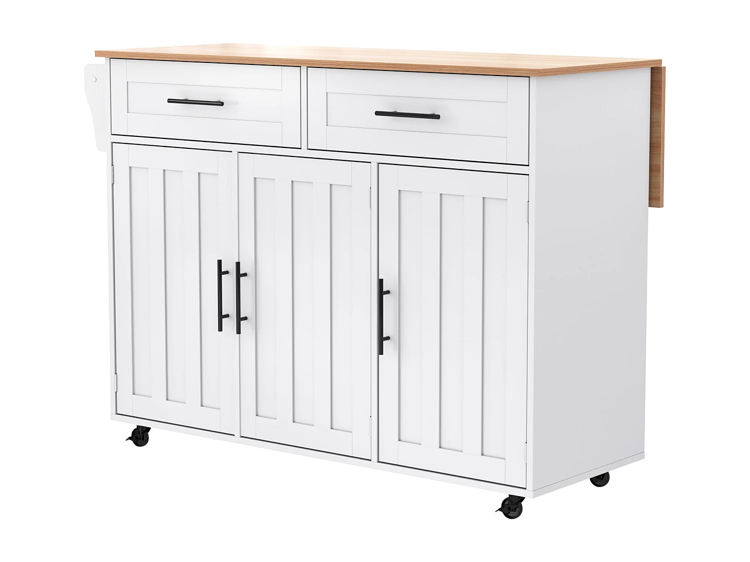 Chariot de cuisine avec plan de travail rabattable, extensible à 120×65 cm, avec 5 tiroirs, placards, porte-épices et porte-serviettes, sur roulettes