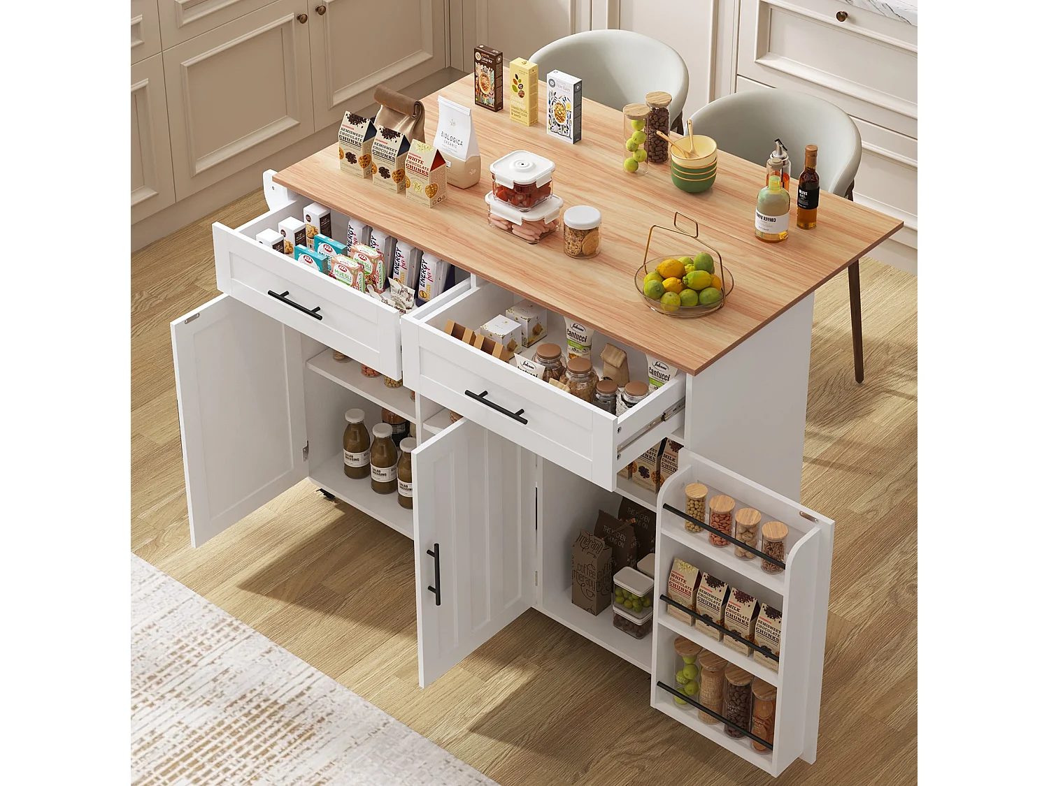 Chariot de cuisine avec plan de travail rabattable, extensible à 120×65 cm, avec 5 tiroirs, placards, porte-épices et porte-serviettes, sur roulettes