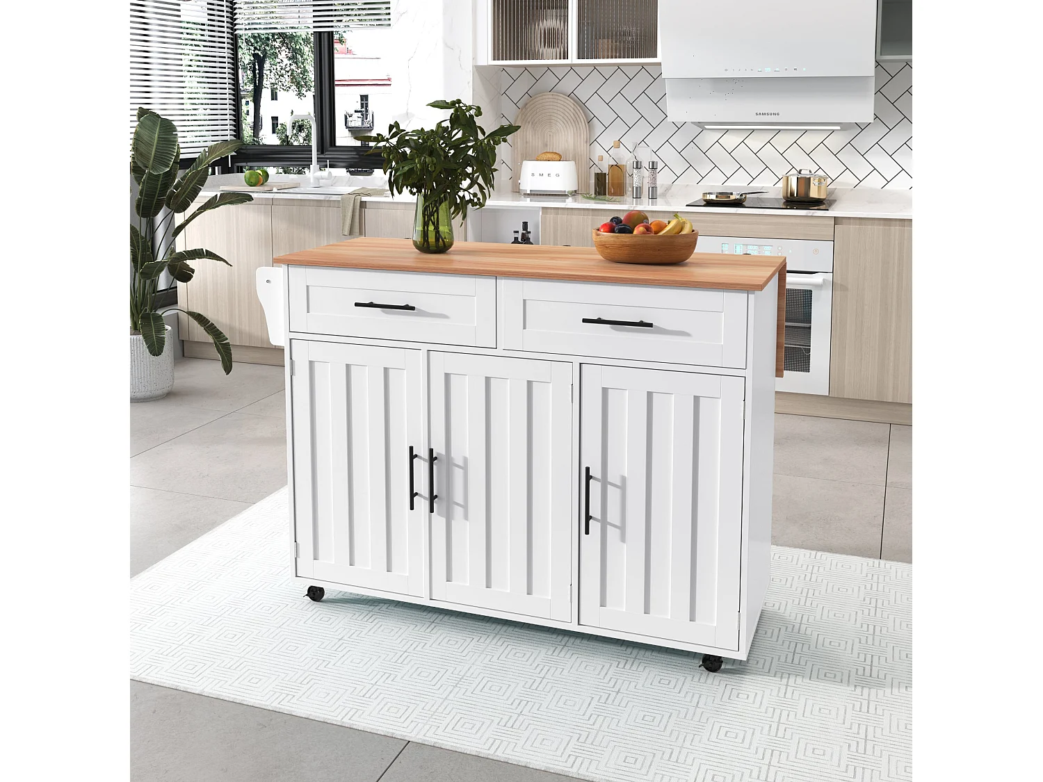 Chariot de cuisine avec plan de travail rabattable, extensible à 120×65 cm, avec 5 tiroirs, placards, porte-épices et porte-serviettes, sur roulettes