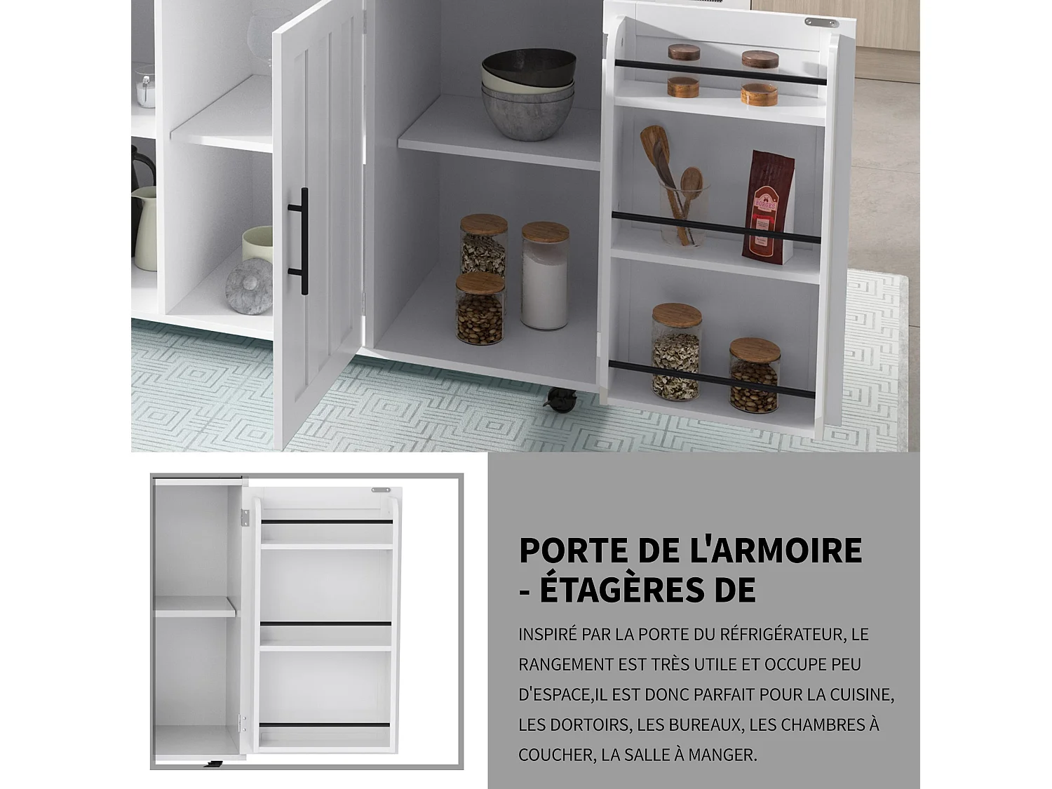 Chariot de cuisine avec plan de travail rabattable, extensible à 120×65 cm, avec 5 tiroirs, placards, porte-épices et porte-serviettes, sur roulettes