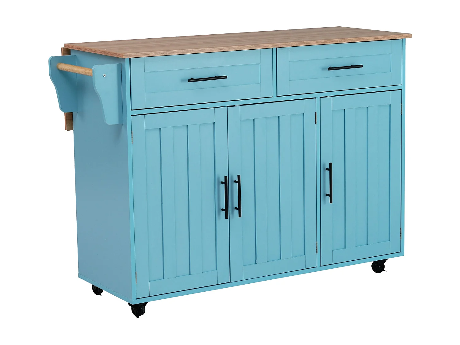 Grand chariot de salle à manger / buffet 129x46(71)x91,5 cm, plan de travail aspect bois massif + meuble bleu / plateau rabattable / portes de rangement / roulettes