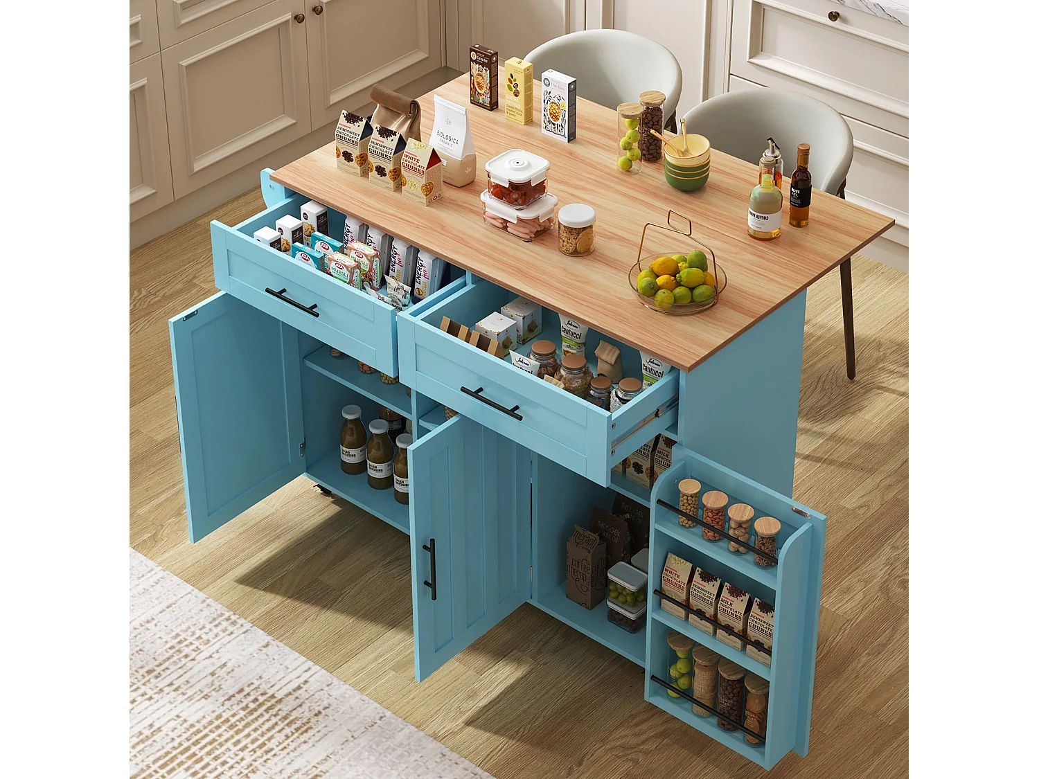 Grand chariot de salle à manger / buffet 129x46(71)x91,5 cm, plan de travail aspect bois massif + meuble bleu / plateau rabattable / portes de rangement / roulettes