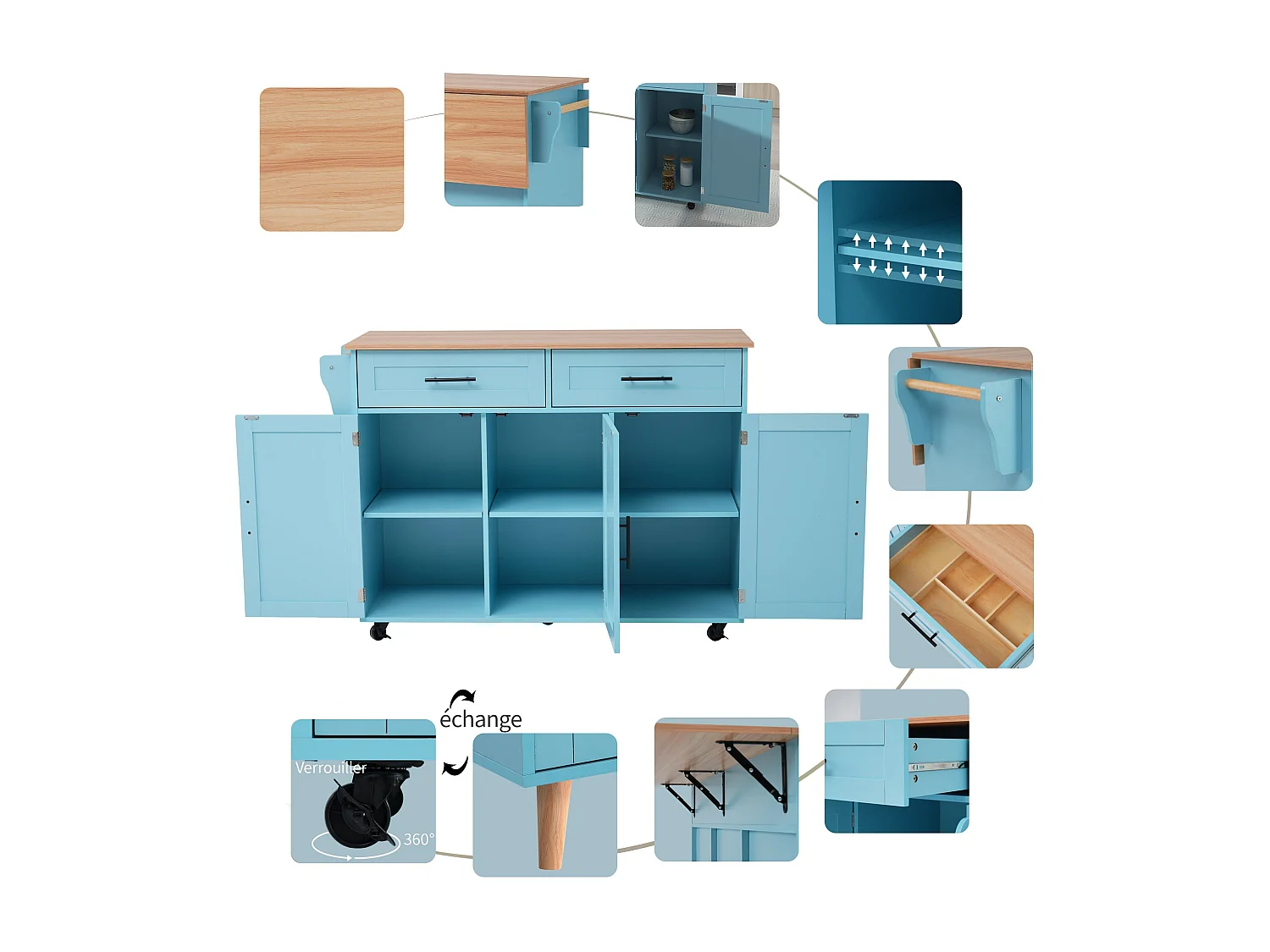 Grand chariot de salle à manger / buffet 129x46(71)x91,5 cm, plan de travail aspect bois massif + meuble bleu / plateau rabattable / portes de rangement / roulettes