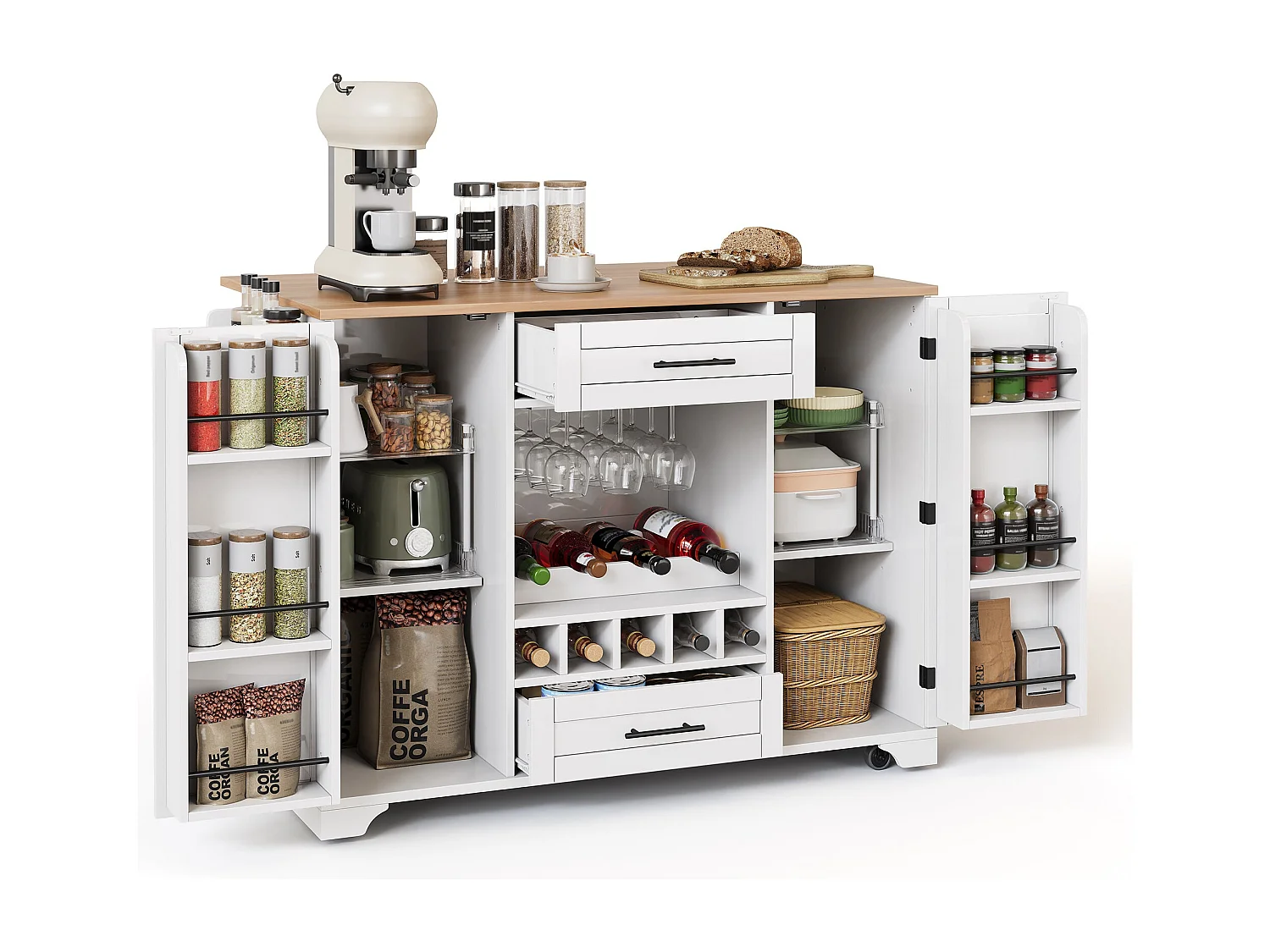 Table roulante de cuisine avec plan de travail rabattable, îlot de cuisine sur roulettes, 120x45/70x92cm, Chariot de service multifonctionnel avec rangements