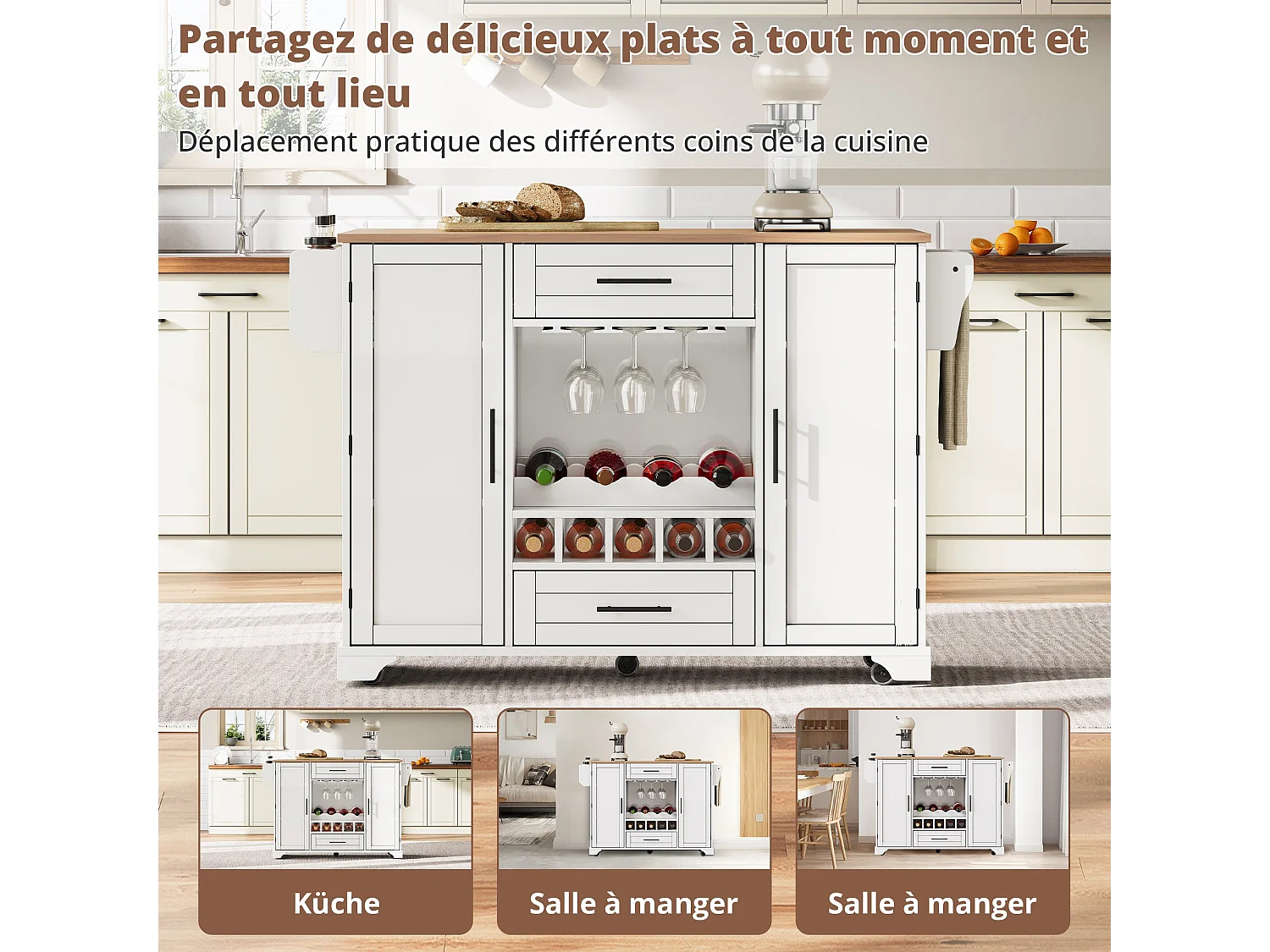 Table roulante de cuisine avec plan de travail rabattable, îlot de cuisine sur roulettes, 120x45/70x92cm, Chariot de service multifonctionnel avec rangements