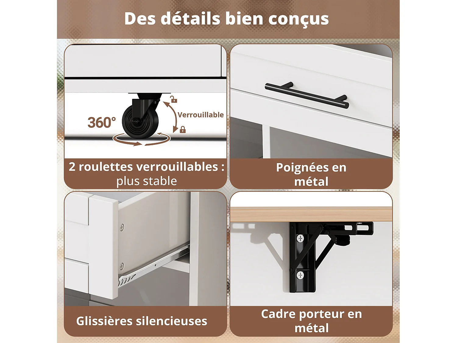 Table roulante de cuisine avec plan de travail rabattable, îlot de cuisine sur roulettes, 120x45/70x92cm, Chariot de service multifonctionnel avec rangements