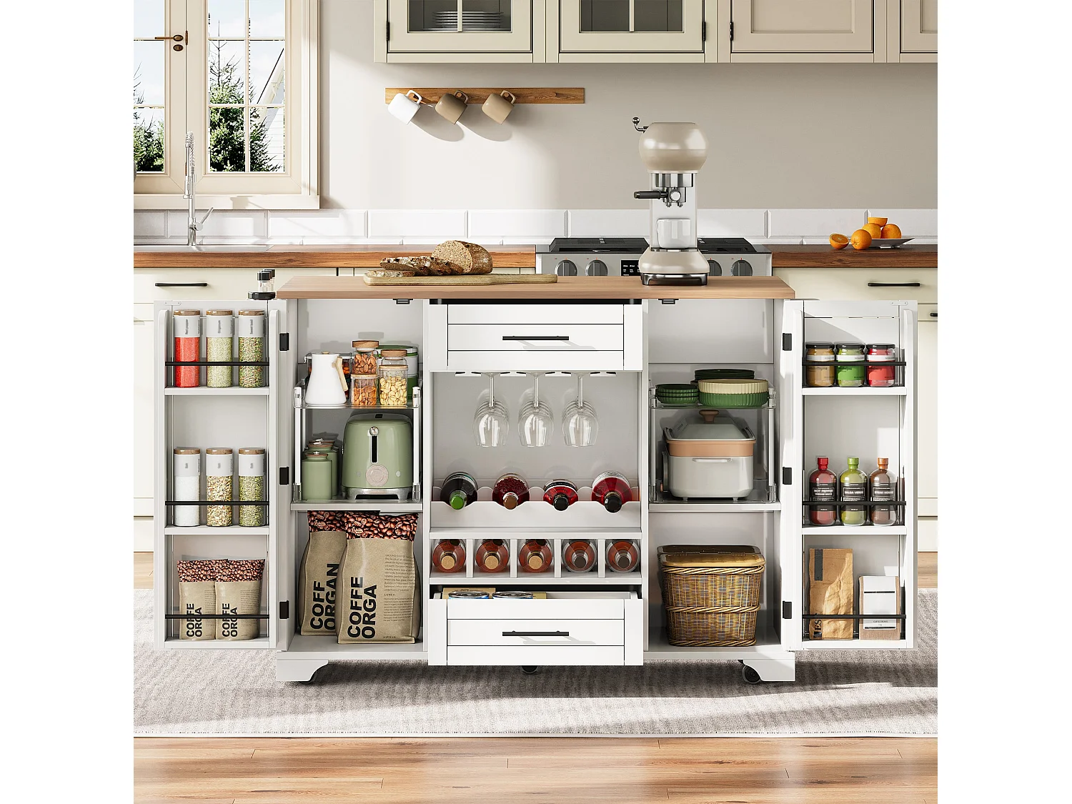 Table roulante de cuisine avec plan de travail rabattable, îlot de cuisine sur roulettes, 120x45/70x92cm, Chariot de service multifonctionnel avec rangements