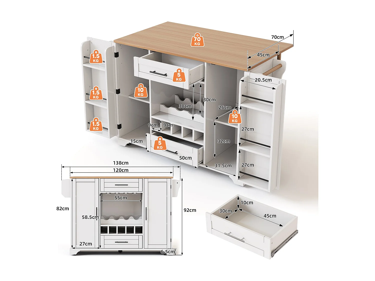 Table roulante de cuisine avec plan de travail rabattable, îlot de cuisine sur roulettes, 120x45/70x92cm, Chariot de service multifonctionnel avec rangements