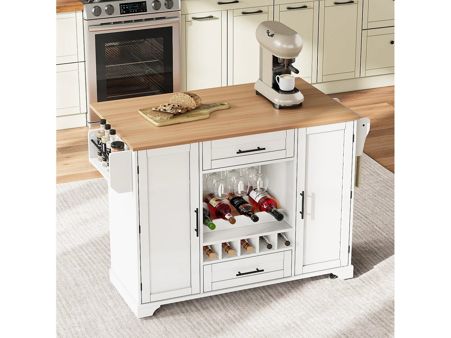 Table roulante de cuisine avec plan de travail rabattable, îlot de cuisine sur roulettes, 120x45/70x92cm, Chariot de service multifonctionnel avec rangements