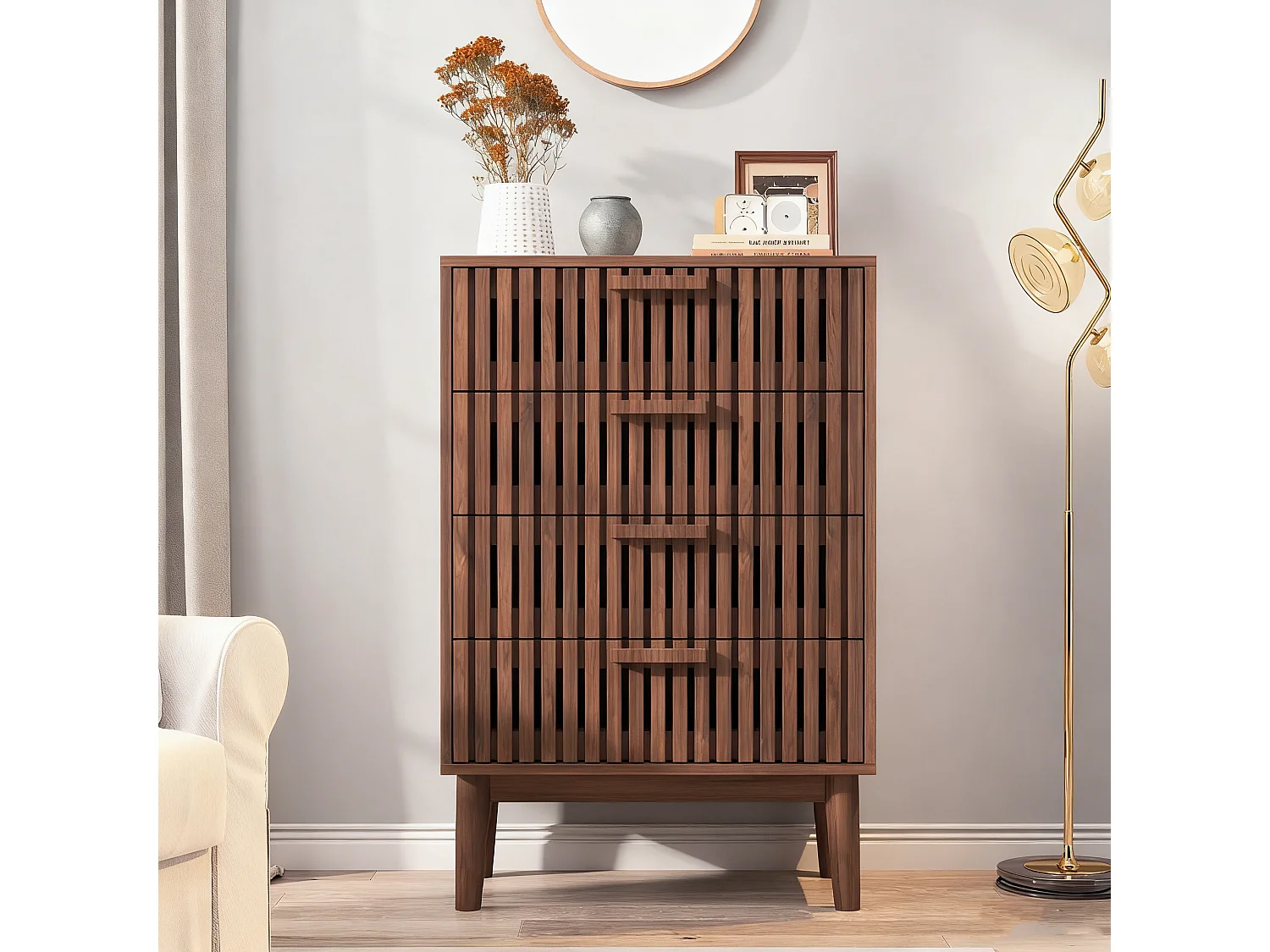 Commode 4 tiroirs - poignées en bois - Scandinave - 60x34x91cm - noyer