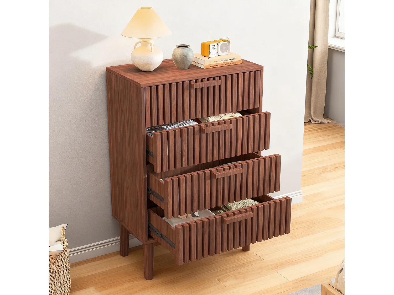 Commode 4 tiroirs - poignées en bois - Scandinave - 60x34x91cm - noyer