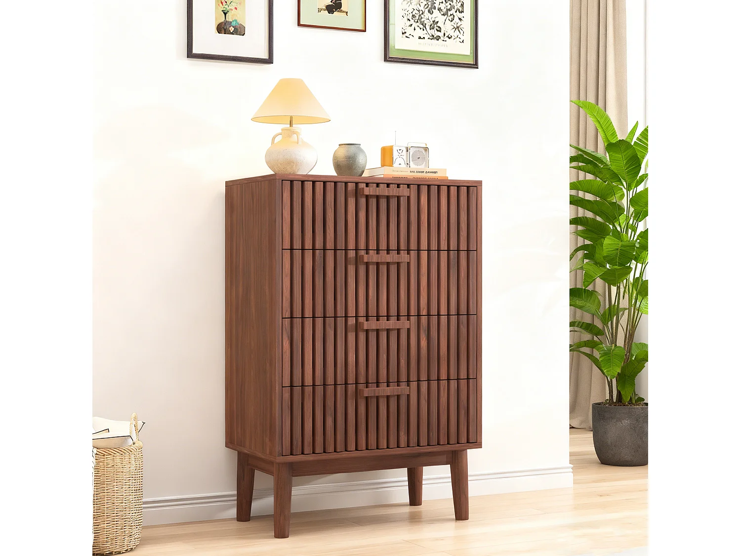 Commode 4 tiroirs - poignées en bois - Scandinave - 60x34x91cm - noyer