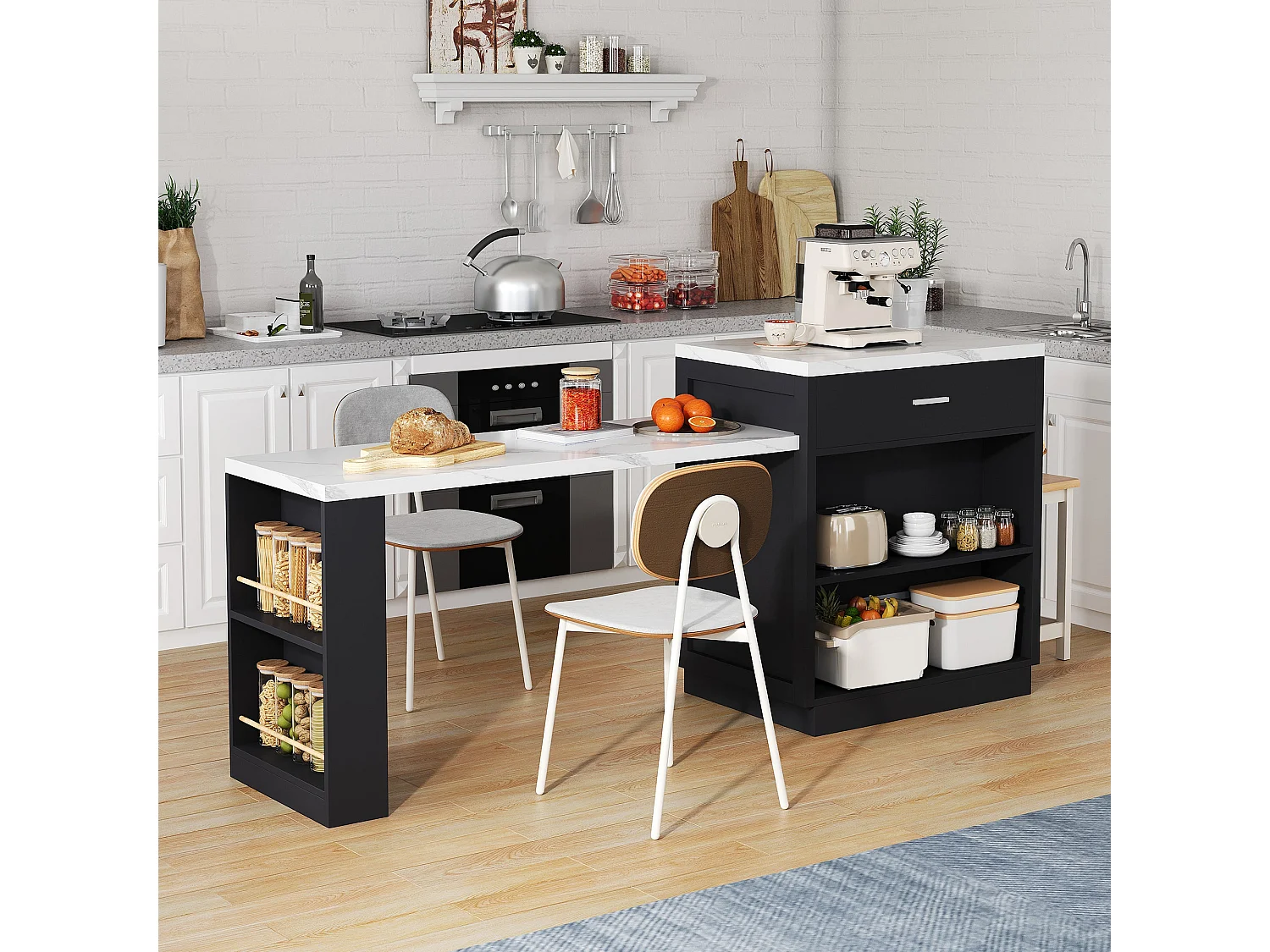 Îlot de cuisine avec table à rallonge pour 4 à 6 personnes, prise électrique, armoire de rangement