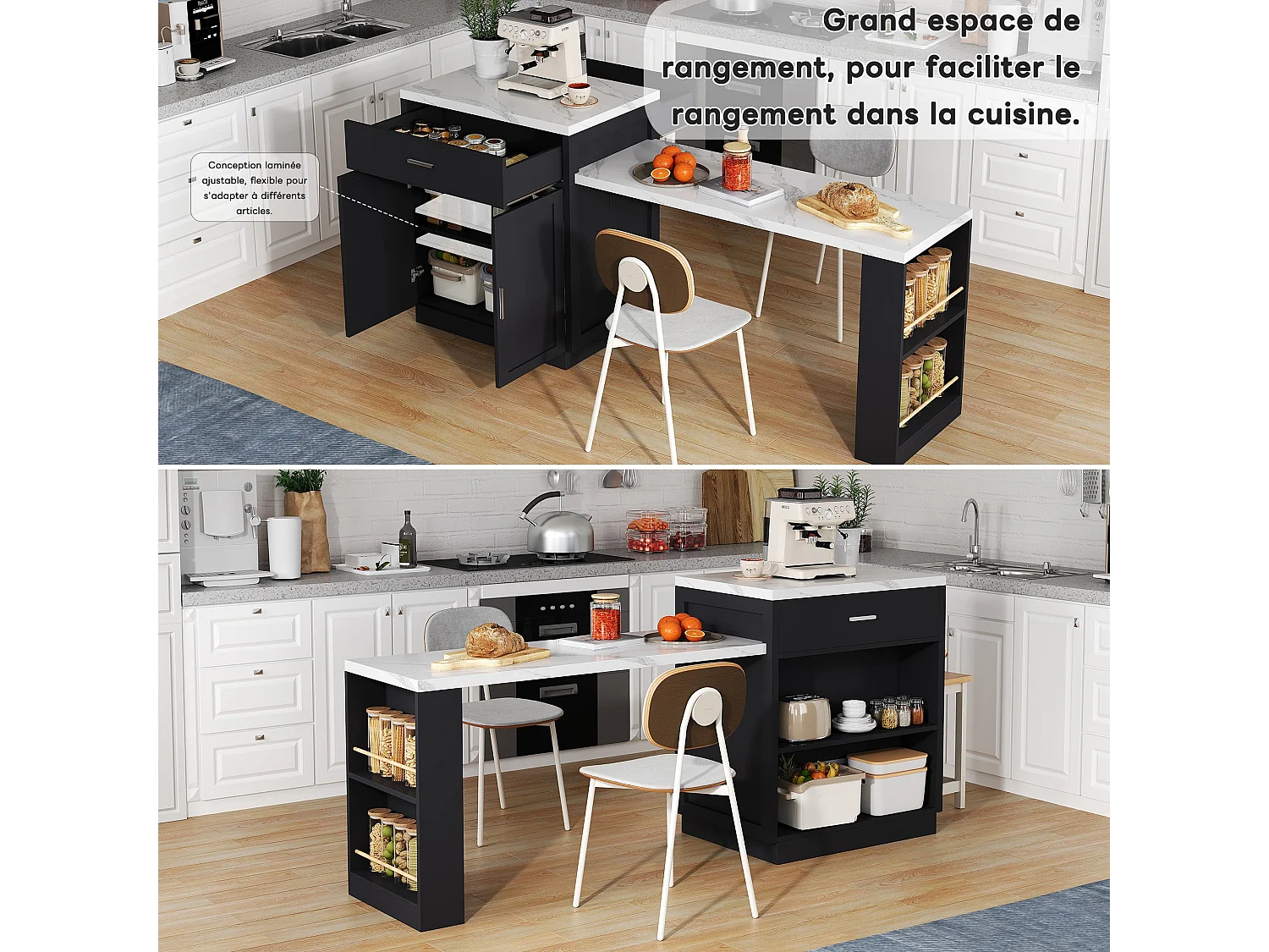 Îlot de cuisine avec table à rallonge pour 4 à 6 personnes, prise électrique, armoire de rangement