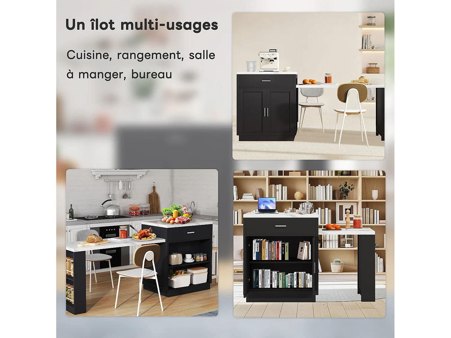 Îlot de cuisine avec table à rallonge pour 4 à 6 personnes, prise électrique, armoire de rangement